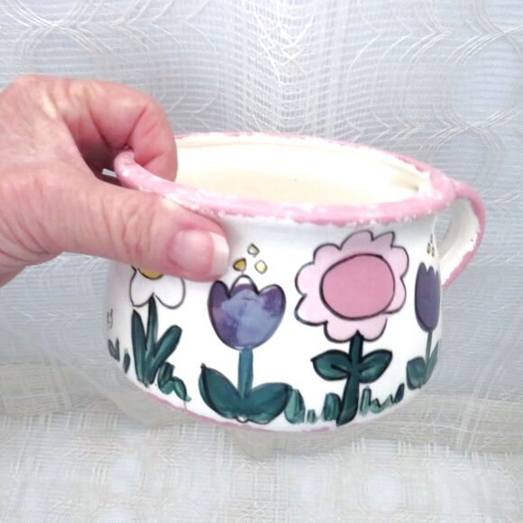 Handmade Vintage White Ceramic Soup Mug with Purple and Pink Flowers, Soup Cup - Picture 4 of 7
